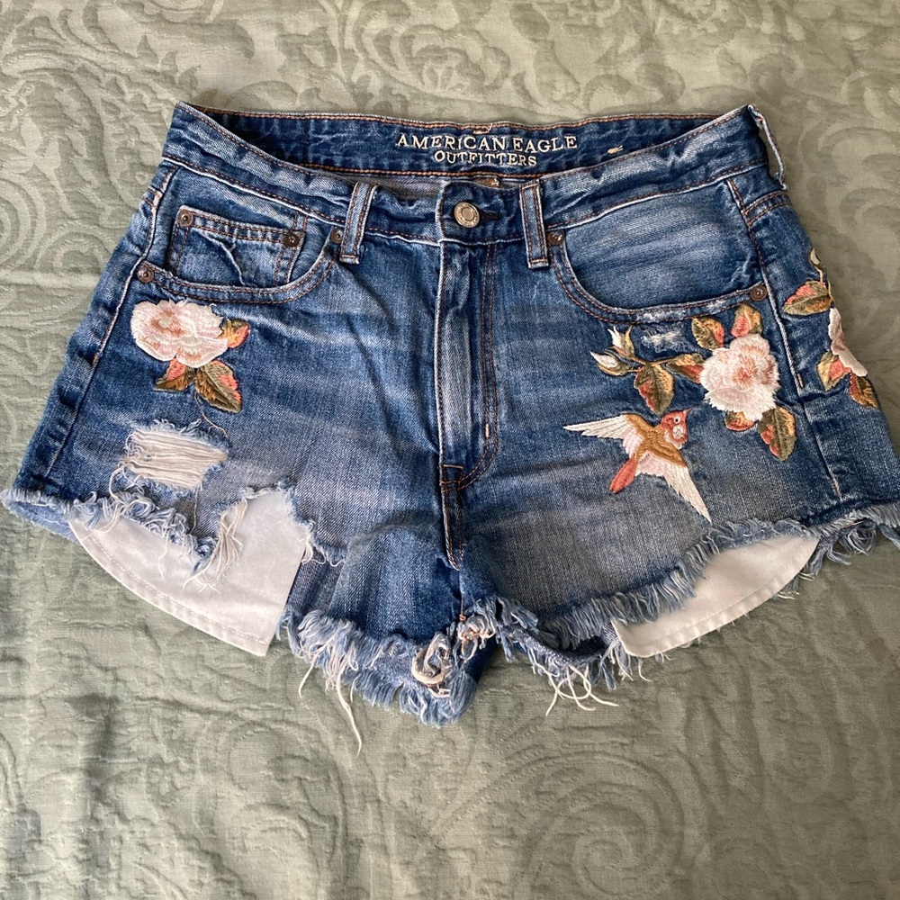 American Eagle Outfitters Blue Jean Shorts with Floral Embroidery